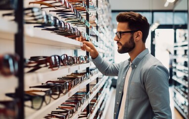 Wall Mural - Male customer selecting optical eyewear while visiting shop