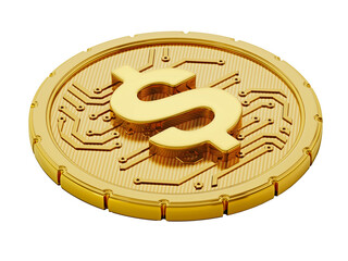 Wall Mural - Gold coin with dollar sign and PCB texture. Transparent background. 3D illustration