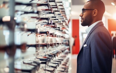 Wall Mural - Male customer selecting optical eyewear while visiting shop