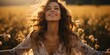 © Larisa AI - A carefree woman embraces the beauty of nature, her radiant smile and flowing brown hair dancing in the wind as she poses for a fashion photoshoot in a sun-kissed field