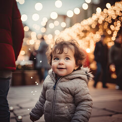 father is taking his toddler to the christmas market in Vienna 