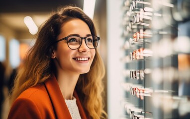 Wall Mural - Female customer selecting optical eyewear while visiting shop