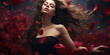 Woman on red rose petals flying background, valentines day, romantic