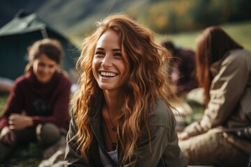 Wall Mural - A radiant woman embraces the changing season with a joyful smile and flowing locks, embodying the beauty and vitality of nature