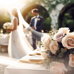 Wedding ceremony and celebration, bride and groom at a beautiful outdoor venue on a sunny day, luxury wedding decor with flowers and bridal bouquet, generative ai