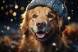 A furry golden retriever braves the chilly winter snow with a cozy knit hat, showcasing its playful personality and warm fashion sense