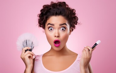 Shocked pop-eyed pretty surprised scared make up woman artist holding a brush for blusher and powder in a hand, pink background