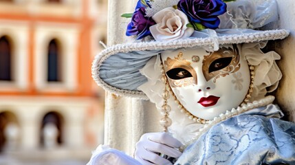 Wall Mural - A woman in a light blue carnival dress wearing a mask and hat with flouwers, Venice.