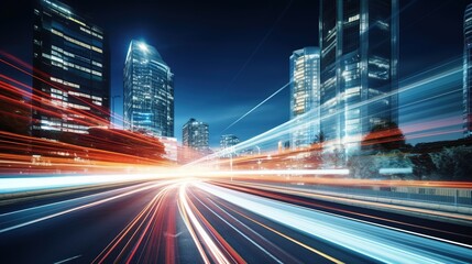 Poster - the light trails on the modern building background, Abstract Motion Blur City