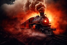 Vintage Steam Powered Railway Train In Red Smoke. Narrow Gauge Railway. Steam Locomotive With Wagon Drives In Red Flame, Steam And Smoke