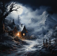 A Secluded House Nestled In The Snowy Mountains, Painted With The Misty Hues Of The Stormy Winter Night