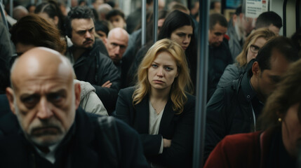 Tired, unhappy, depressed people in subway