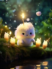 Sticker - A whimsical scene of a cute little creature sitting on a mossy rock, surrounded by candles. Generative AI.