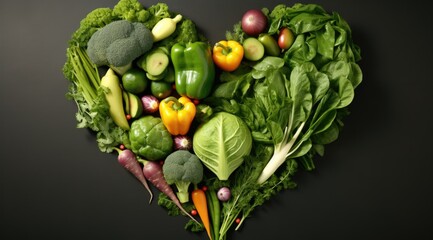 Sticker - Heart shaped vegetables on black background. Generative AI.