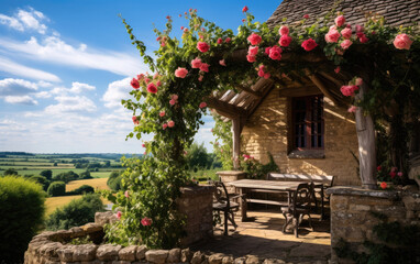 Roses growing over a trellis on a beautiful English countryside house