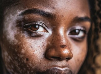 Poster - Portrait of black woman model with vitiligo, face closeup