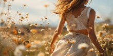 A Free-spirited Woman Embraces The Beauty Of Nature As She Runs Through A Sunlit Field Of Vibrant Flowers, Her Flowing White Dress And Radiant Energy Capturing The Essence Of Summertime Fashion