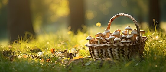 Wall Mural - Collecting champignon mushrooms in a grassy basket.