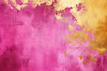 Abstract art background with textured pink and gold paint splatters and strokes on a canvas.