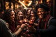 © Larisa AI - Group of friends are toasting together in a bar
