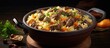 High-quality content featuring a magical photo of delicious Uzbek pilaf, a traditional dish similar to fried rice with meat, cooked in a cauldron.