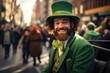 On the city streets, a man in high spirits wears leprechaun clothes and a hat, embodying the joy of St. Patrick's Day with a charismatic and festive presence