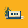 © Tanya - Vector laptop illustration in flat style. Media player. A cup and a potted plant. Retro colours