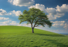 A Lone Large Tree In A Green Meadow Against A Blue Sky