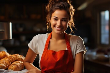 Wall Mural - Portrait of joyful girl working in little bakery store