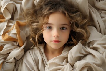 Wall Mural - Little white girl lying and look in camera - morning mood