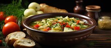 Classic Polish Soup Made With Homemade Gherkins. Minestrone Soup With Mixed Vegetables.