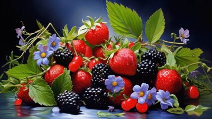 Wall Mural - Assortment of fresh berries with leaves on reflective surface. Organic food and vitamins.