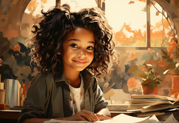 Wall Mural - Happy agrican girl reading book at home