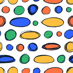 Poster - Naive playful abstract oval and circle shapes seamless pattern. Multi colored charcoal ovals and circles.