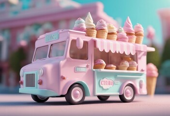 Beautiful ice cream truck with pastel colors in 3D render Cute tiny candy retro toy