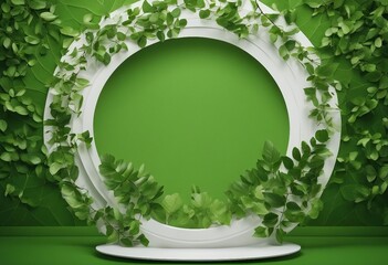 Wall Mural - White round shape stage backdrop with tree leaf nature decorating frame on green background advertising Green production