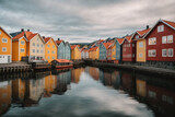 Fototapeta Tęcza - Colorful houses over water in Trondheim city - Norway
