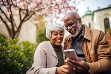 Wall Mural - Smiling senior couple looking at smart phone in park.