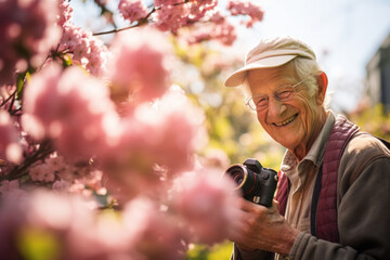 Wall Mural - Portrait of smiling senior man taking a picture of a bunch of flowers with camera.