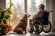 Senior person in wheelchair in home dog. Concept friendship animal and people. Generative AI..