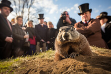 Groundhog Emerges From A Hole In The Ground To Predict The Spring Weather As A Crowd Gathers Around
