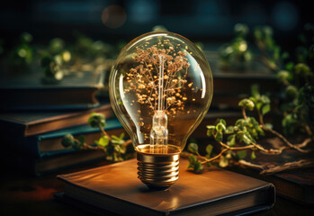 Poster - Light bulb glowing on the table in front of green plants