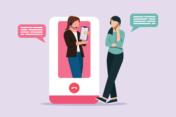 Poster - Woman during work calls. Customer service and support concept. Colored flat vector illustration isolated.