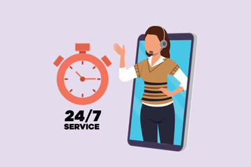 Poster - Woman during work calls. Customer service and support concept. Colored flat vector illustration isolated.