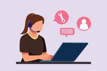 Poster - Woman during work calls. Customer service and support concept. Colored flat vector illustration isolated.