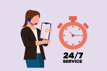 Poster - Woman during work calls. Customer service and support concept. Colored flat vector illustration isolated.