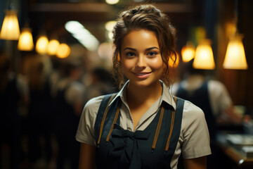 Wall Mural - Smiling young waitress looking in camrea