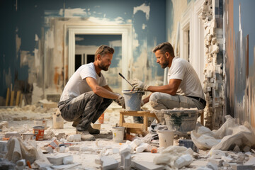 Two mans preparing painting the wall