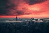 Fototapeta Miasto - Amazing panorama view of New York city skyline and skyscraper at sunset. Beautiful night view in Midtown Manhatton. wallpaper, banner, foggy