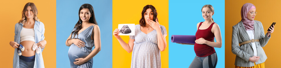 Sticker - Set of beautiful pregnant women on colorful background